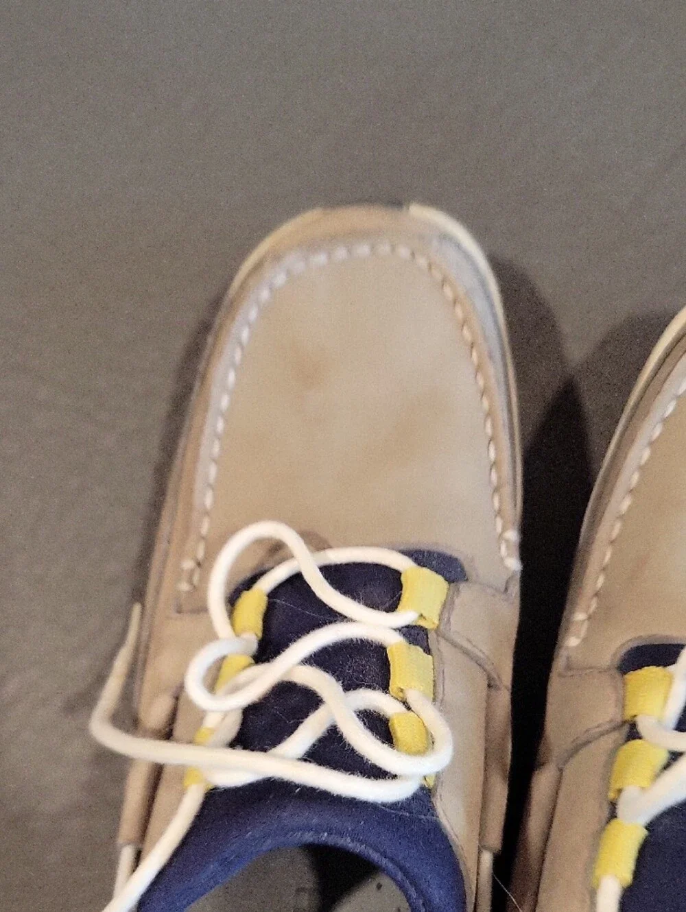 Cole Haan Beige Boat Shoes with Navy and Yellow Accents